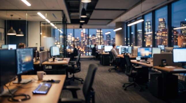 modern office interior at night city skyline background blurred workspace corporate business environment technology software development coworking
