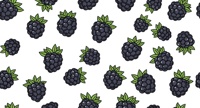Seamless repetitive pattern featuring hand-drawn juicy blackberries with green leaves on a plain white background.