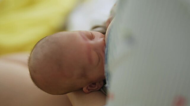 Newborn's Embrace: A tender close-up captures the peaceful slumber of a newborn, nestled close to its mother's embrace, symbolizing unconditional love and new beginnings.