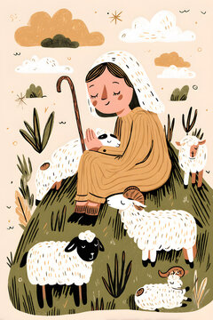 Cute Shepherd and Sheep Storybook Illustration Hand Drawn Farm Art