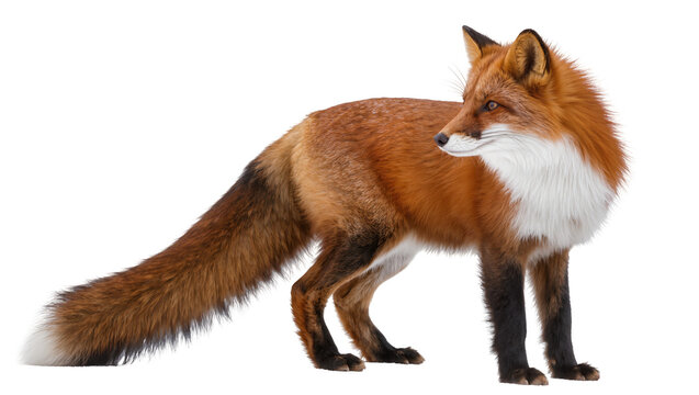 Red fox with bushy tail and white chest fur