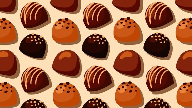 Seamless pattern of assorted chocolate bonbons and truffles on a warm cream background, perfect for bakery branding, dessert packaging, and sweet food marketing visuals and motion graphics