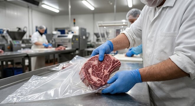 Worker placing premium marbled beef into vacuum sealer bag for packaging. Professional employee managing meat processing for food sector-specific manufacturer and supply chain unit.