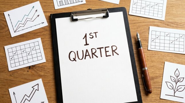 Words spelling &ldquo;1ST QUARTER&rdquo; on white paper on wooden table, representing quarterly planning, performance and financial reporting