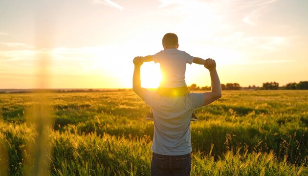 A father carries his son on his shoulders, looking out at a vast golden field during sunset. The sun shines brightly in the background, creating a warm and hopeful atmosphere