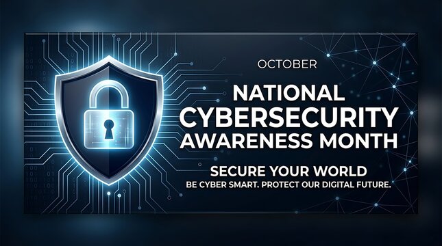 National cybersecurity awareness month featuring a glowing shield and lock on a dark blue background