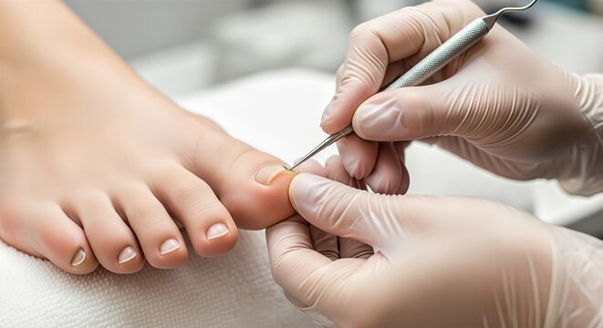 Pedicure technician pushing back toenail cuticles in nitrile gloves shows hygienic salon procedure, precise foot grooming and professional nail preparation treatment.