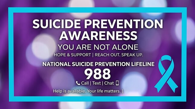 Suicide prevention awareness poster with 988 lifeline number and teal ribbon on a blurred purple bokeh background