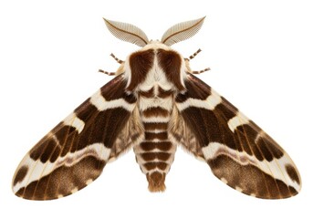 Obraz premium A detailed topdown view of a brown and white moth with feathery antennae, isolated on white background