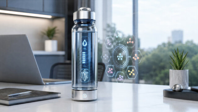 Water bottle with embedded sensors displaying exact mineral content needed by user on a modern office desk