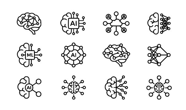 Artificial intelligence and machine learning brain network icons