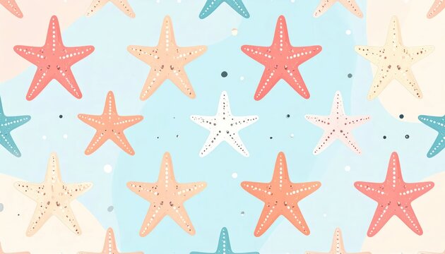 Colorful Starfish Pattern Arranged on Soft Blue Coastal Background