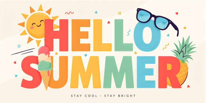 Bright colorful hello summer greeting with sun and sunglasses illustration