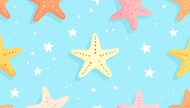 Colorful Starfish Pattern Floating on Bright Blue Summer Background