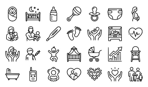 Baby care line icons set newborn essentials and pediatric health
