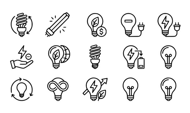 Energy efficiency icons set sustainable lighting electricity and renewable power