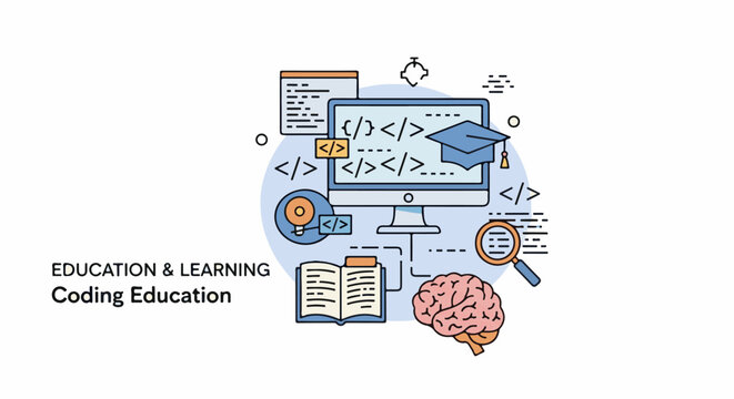 Digital learning; computer with code, graduation cap, open book, brain, magnifier