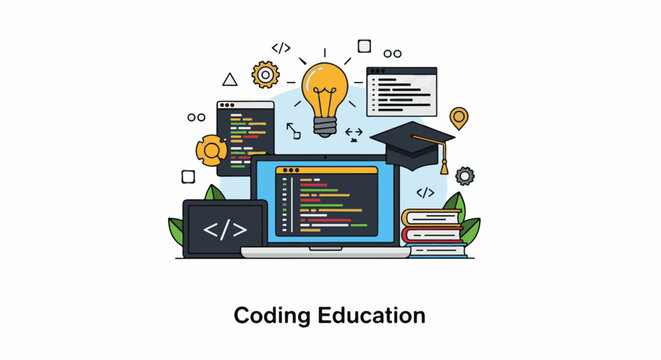 Digital learning scene with laptop, books, graduation cap, lightbulb, and code symbols
