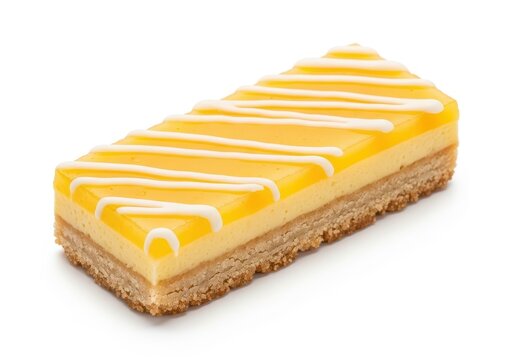 A single rectangular lemon bar dessert with a shortbread crust, lemon curd filling, and white icing drizzle, isolated on white background