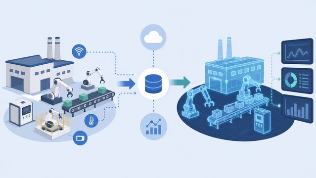IoTでデータを収集しデジタルツイン技術で工場を効率化する様子
