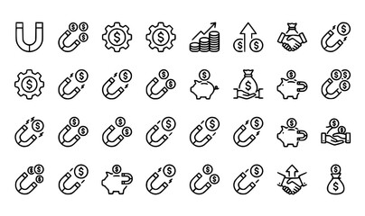 Fototapeta premium Financial growth and investment icons set line art vector illustration