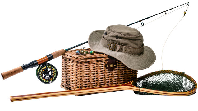Fishing rod reel tackle box hat, and net