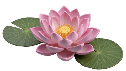 Obraz premium Pink lotus flower with yellow center and green lily pads