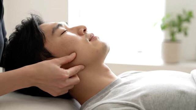 Close Up of a Young Asian Man Receiving a Facial Jaw Massage for Muscle Tension Relief and Skin Rejuvenation in Bright Spa