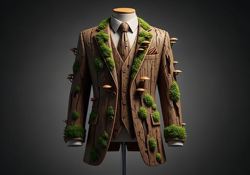 A mannequin wearing a wooden suit with moss and mushrooms growing on it