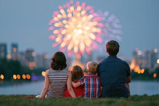 family sitting on grass watching fireworks over city skyline outdoor recreation