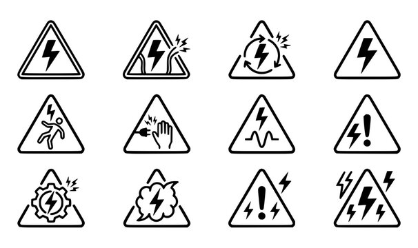 Electrical hazard warning signs collection black and white vector illustration
