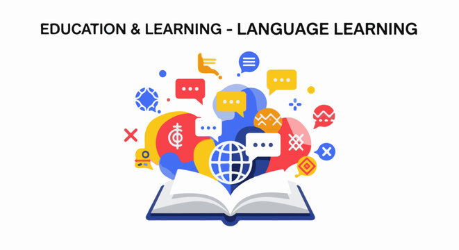 Open book with global symbols and speech bubbles conveying language learning and communication