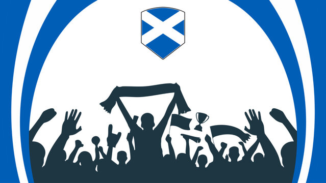 Scotland soccer fan crowd celebration with national flag emblem. football championship supporters cheering with flag banner vector illustration