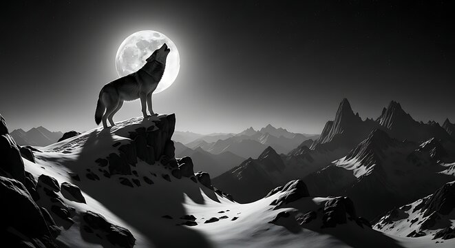 A wolf stands on a snowy mountain peak howling at the full moon in a dramatic black and white landscape with rugged mountains