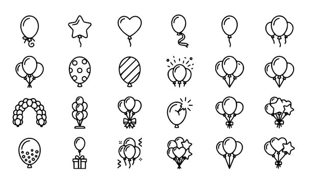 Black and white line art balloon icons set