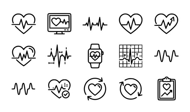 Heart health monitoring icons ecg wearables and cardiac rhythm visualization