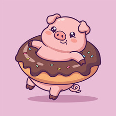 Naklejka premium Cute Pig Inside Chocolate Donut with Sprinkles Vector Illustration