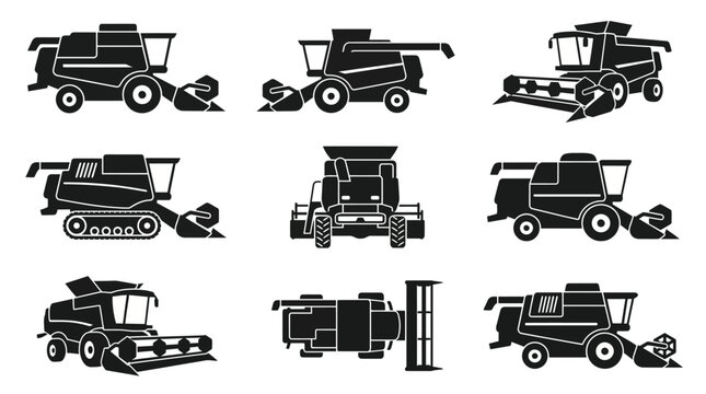 agriculture combine harvester icon set for farm machinery equipment featuring different views of grain harvesting vehicles