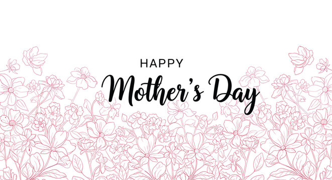 Happy Mother's Day greeting text centered above a dense border of pink hand drawn flowers and leaves for a festive greeting card.