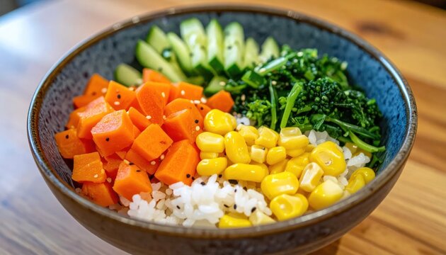 Colorful Vegetable Rice Bowl Arranged on Wooden Table