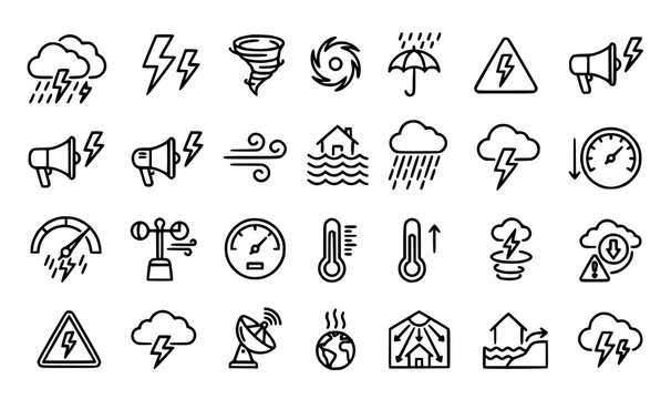 Weather hazard icons set storm lightning temperature and alert symbols