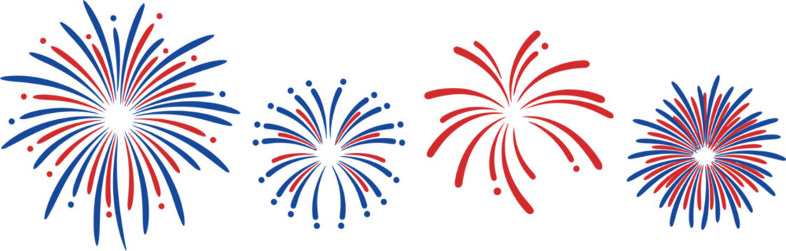 Red and blue hand drawn fireworks explosions bundle for fourth of july designs