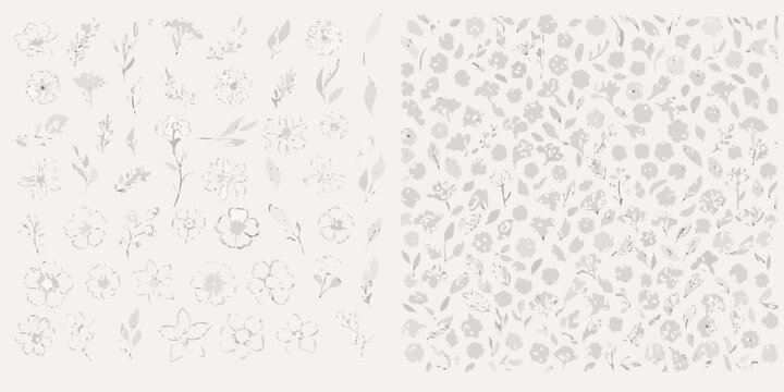 Floral ornament vector illustration with delicate gray tones and repeating pattern