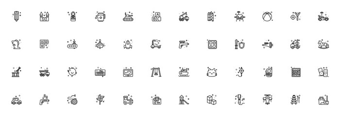 Toys icon set. Kids toy vector icons pack. Minimalist line art icons. Includes symbols for pencil, castle, robot, dinosaur, car, train, rocket, puzzle, drum, piano, plane, submarine, kite, and more. E © wang