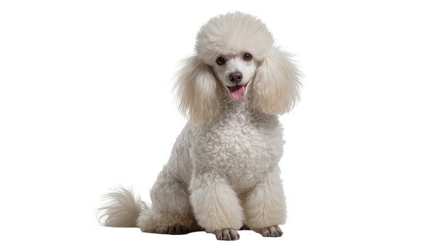 White poodle dog sitting with tongue out