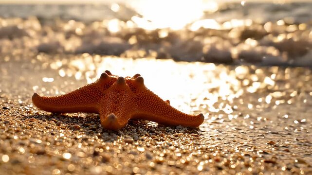 Orange starfish texture on wet sand. Marine animal skin. Five pointed sea creature body parts.