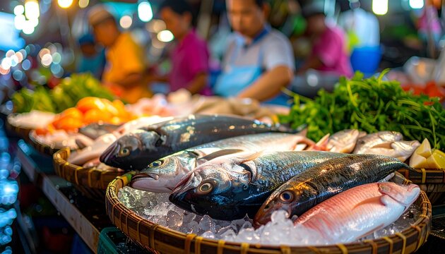 A vibrant fish market stall brimming with fresh catches on ice, with blurry figures of vendors and customers in the background, illuminated by soft ambient lights