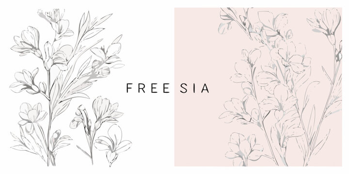 Freesia flower collection hand drawn vector illustration with a pale pink background