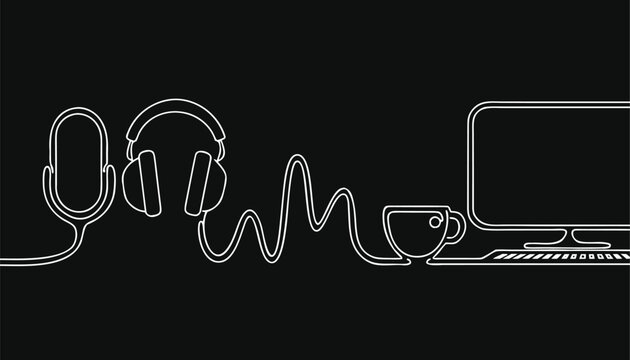 Continuous line art illustration of podcasting equipment with microphone headphones and coffee cup
