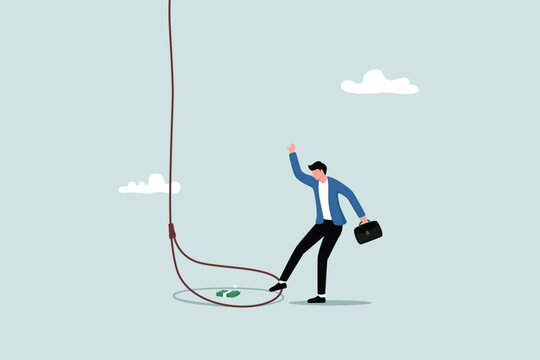Money traps to deceive greedy people, the dangers of fraud, the concept of financial or investment problems, businessmen who try to get into complicated rope traps to get a bundle of banknotes.